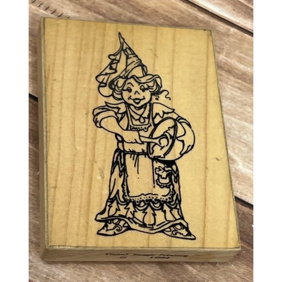 RARE 1994 VISUAL IMAGE PRINTERY WOOD MOUNTED RUBBER STAMP WITCH OR FAIRY BAKING - Picture 1 of 5